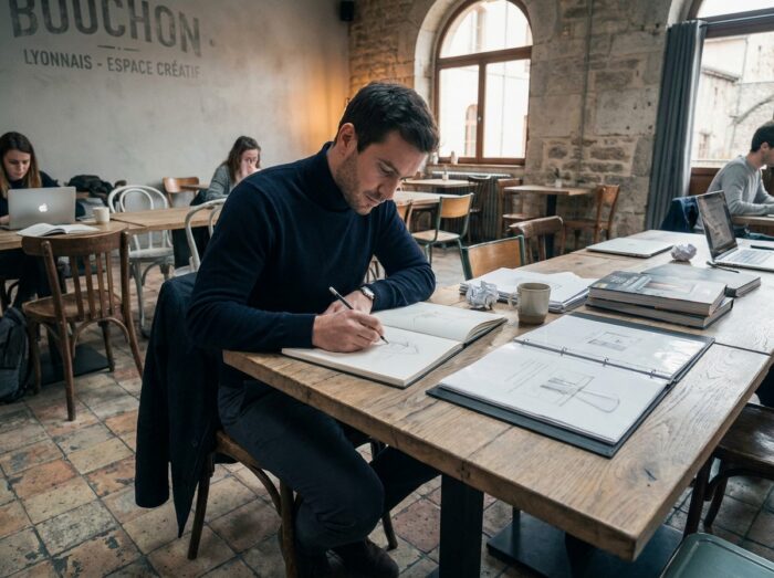 Homme en reconversion dessinant dans un espace de coworking créatif à Lyon, entouré de portfolios et de matériel artistique dans un cadre authentique