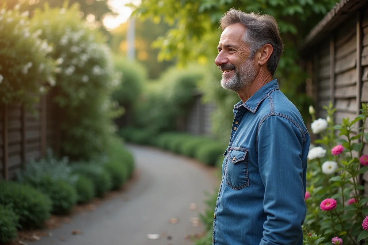 Homme souriant regardant son reflet dans un jardin