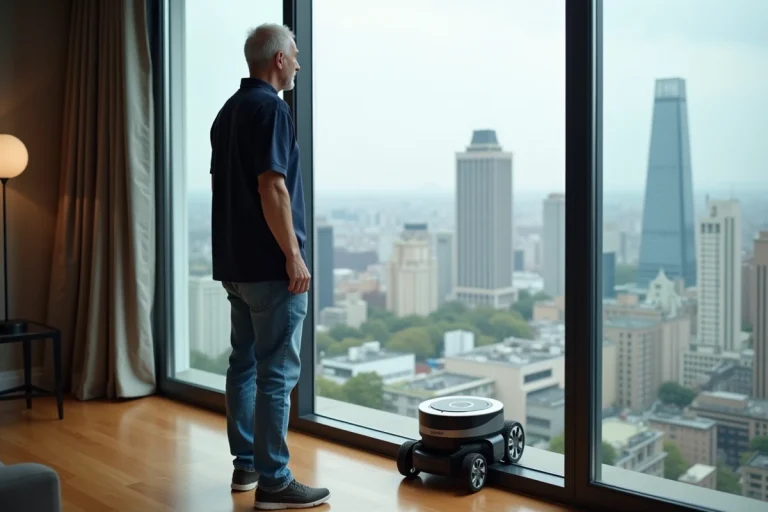 Homme d'âge moyen observant un robot de nettoyage de fenêtres dans un appartement moderne