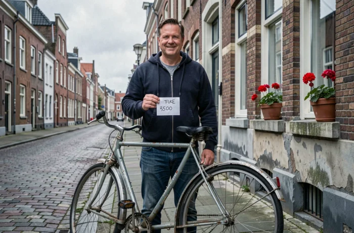 Homme vendant un vélo d'occasion devant une maison belge en rue, petites annonces en Belgique