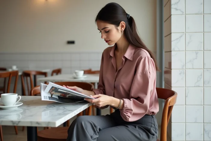 Femme tendance en blouse satin et pantalon large dans un café parisien minimaliste, inspiration mode Renée Fashion