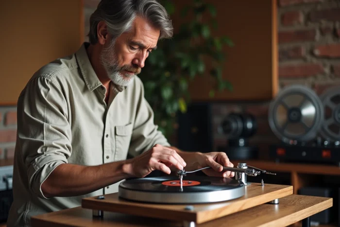 Homme installant une cartouche diamant de platine Marley sur le bras de lecture d'une platine vinyle haut de gamme