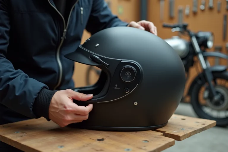 Homme installant un intercom Bluetooth sur un casque moto posé sur un établi de garage