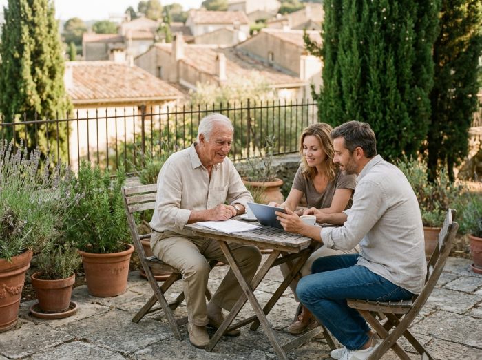 Senior et sa famille discutant du choix d'un EHPAD dans le jardin d'une résidence à Toulon sous le soleil provençal