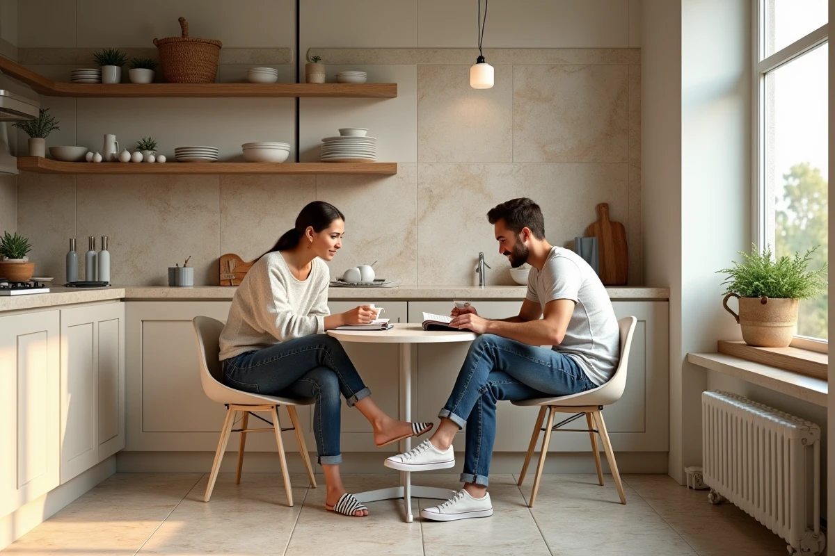 Jeune couple assis sur des tomettes dans une cuisine lumineuse