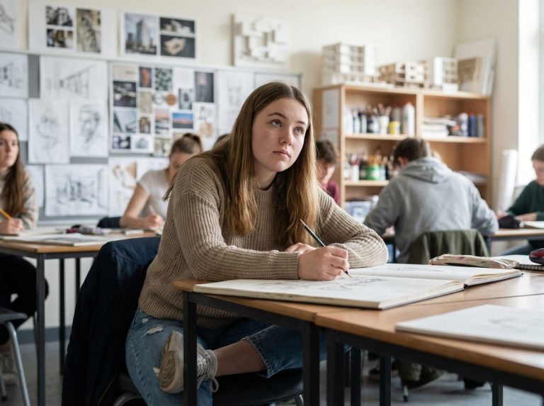 Etudiante en classe dessinant dans un carnet créatif