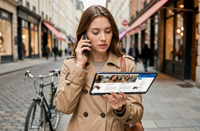 Jeune femme recherchant un numéro inconnu via un annuaire inversé gratuit depuis son téléphone en ville