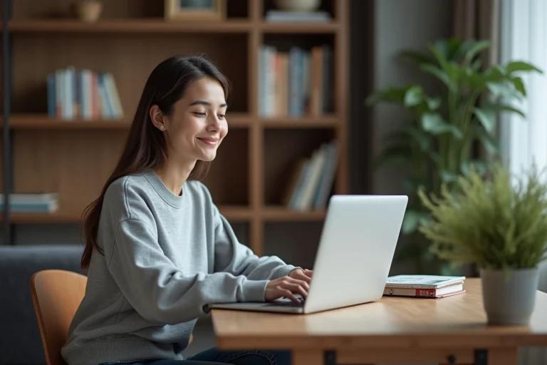 Jeune femme souriante utilisant un ordinateur portable dans un salon cosy