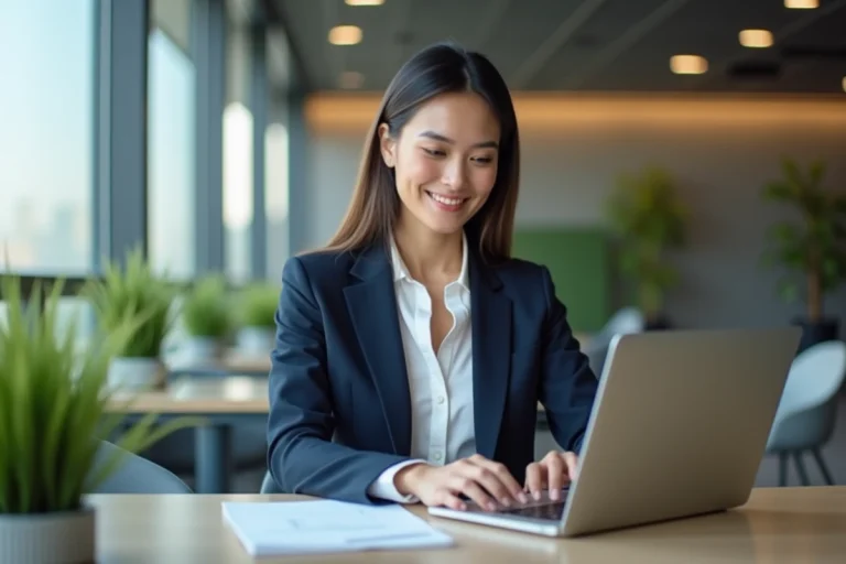 Jeune femme en bureau moderne travaillant sur un ordinateur portable