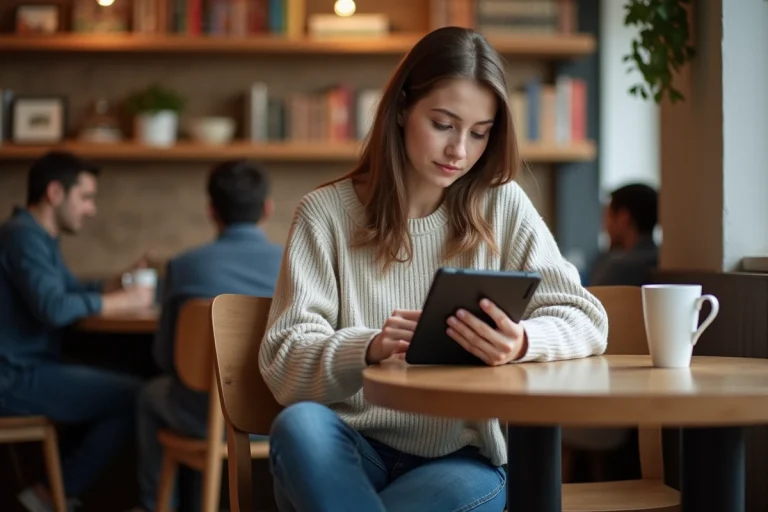 Jeune femme lisant des actualités sur une tablette dans un café