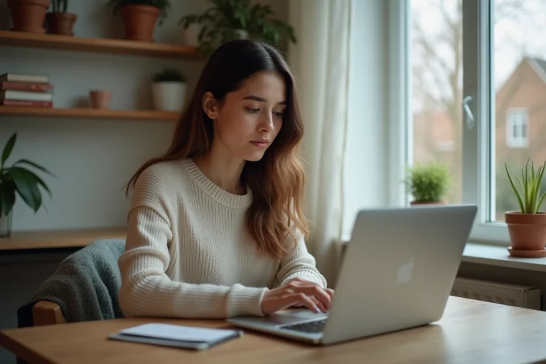 Jeune femme assise à son bureau dans un home office moderne