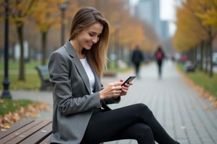 Jeune femme en blazer sur un banc de parc en automne
