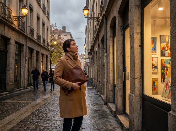 Jeune femme portant un portfolio artistique marchant dans les rues pavées de Lyon devant une galerie d'art, illustrant une transition sereine vers une carrière artistique