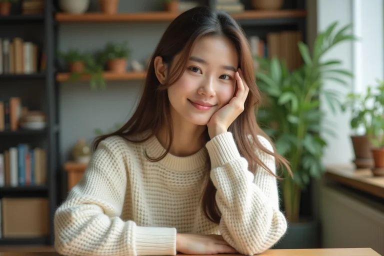Jeune femme en pull crème dans un intérieur cosy