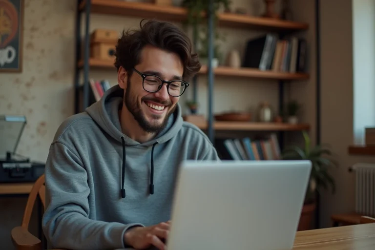 Jeune homme concentré sur son ordinateur dans un salon cosy