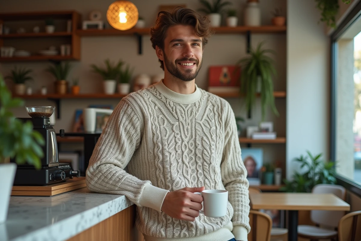 Jeune homme avec café dans un café créatif et cosy