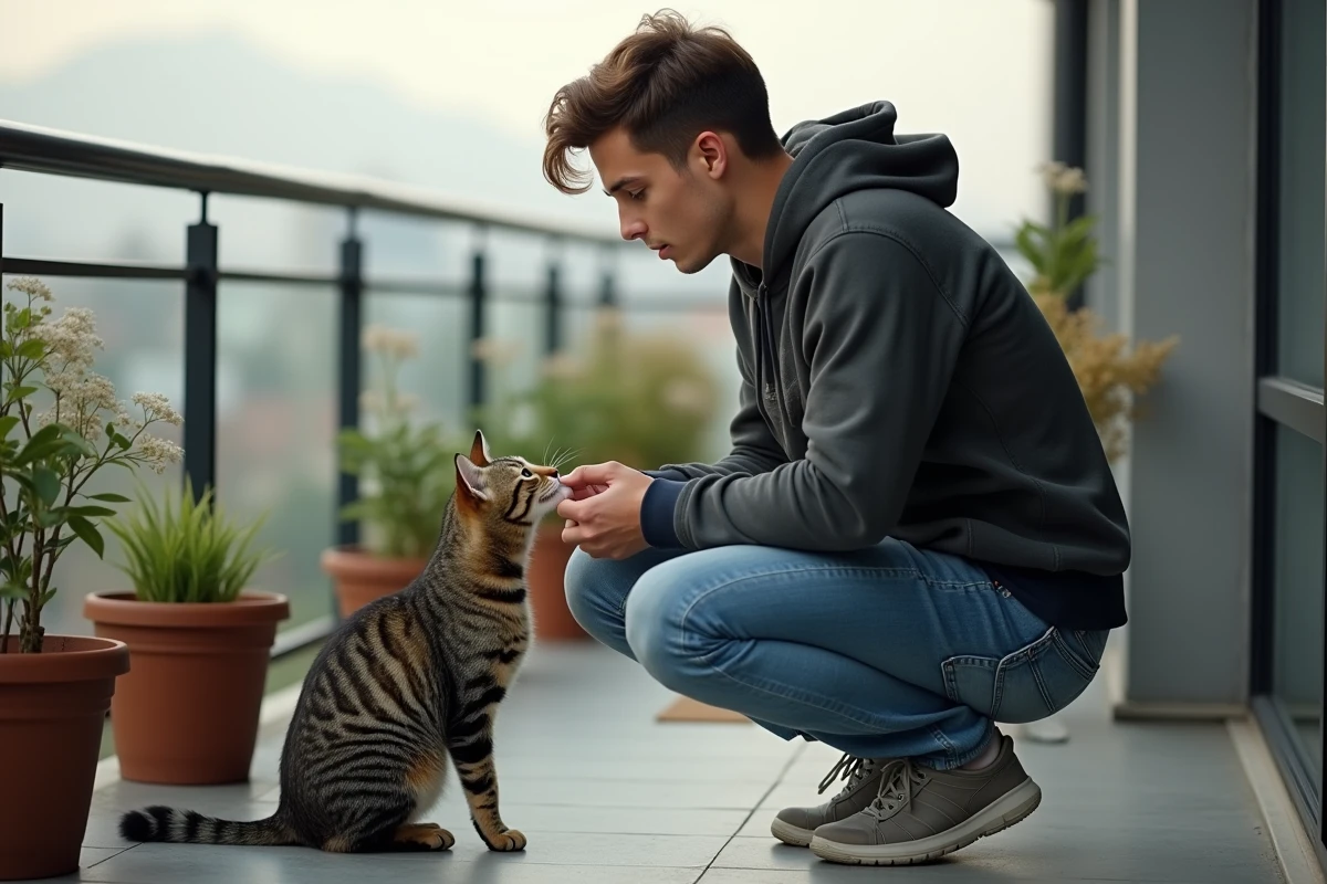 Jeune homme nourrissant un chat sur un balcon urbain