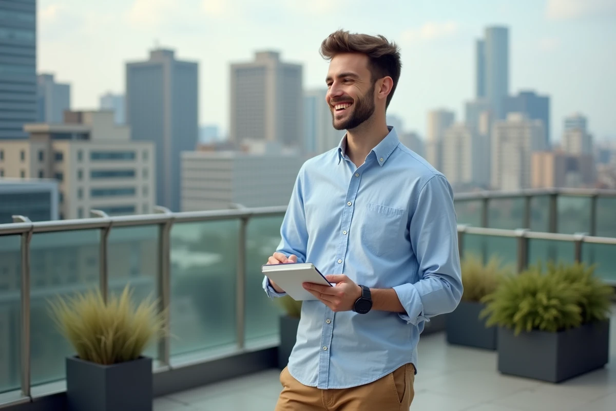 Jeune homme souriant discutant en extérieur sur un rooftop