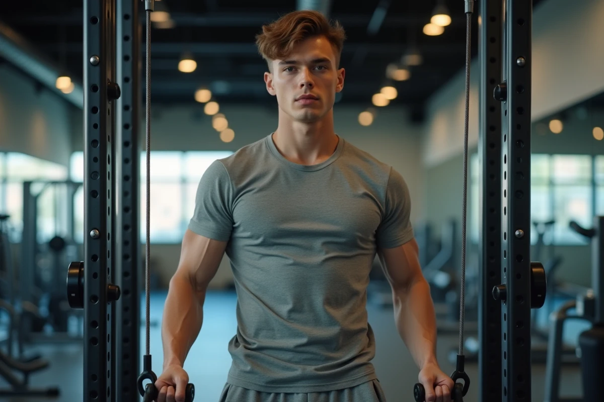 Jeune homme utilisant une machine à câbles en salle de sport