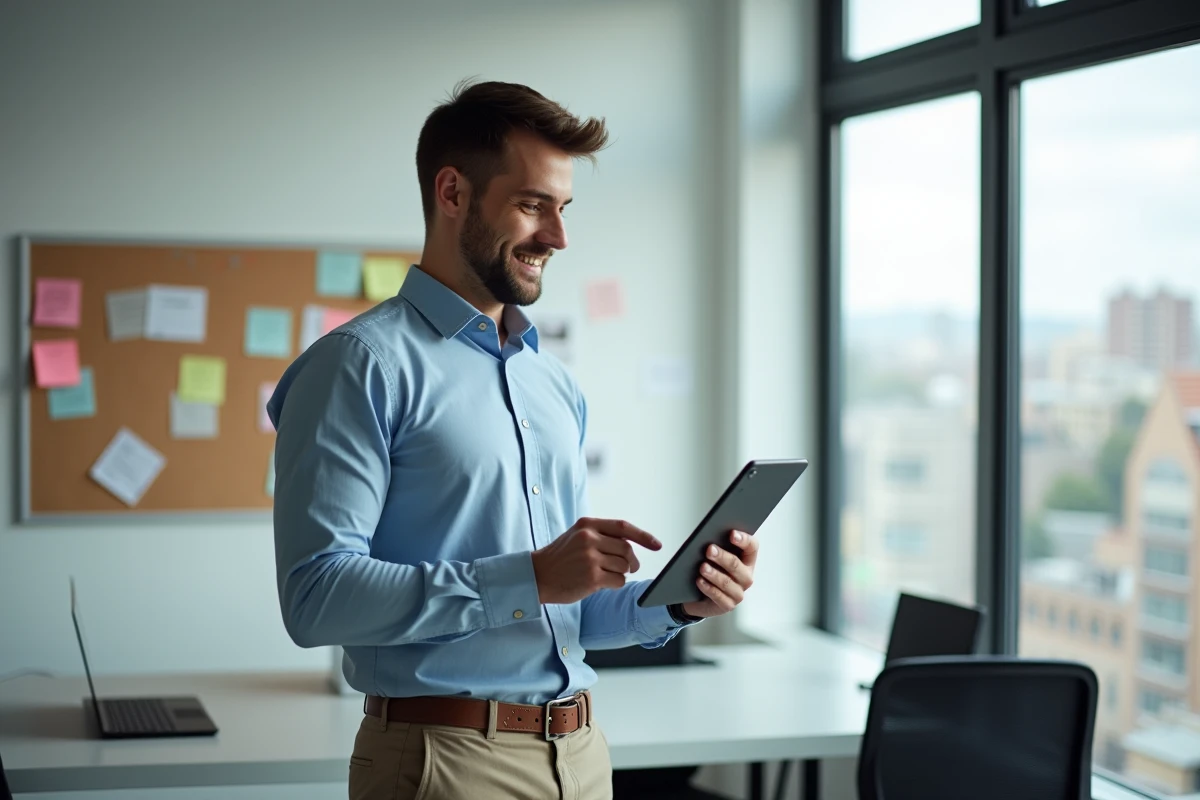 Jeune homme utilisant une tablette dans un bureau lumineux