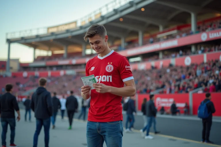 Jeune homme examinant un ticket de match devant le stade