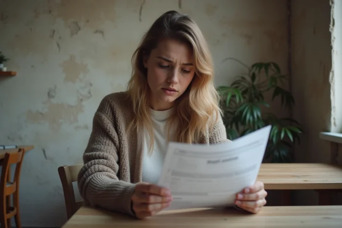 Jeune femme examinant des papiers d eviction dans son appartement