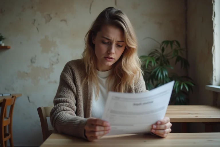 Jeune femme examinant des papiers d eviction dans son appartement