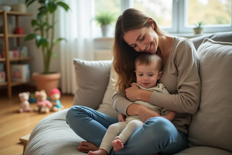Maman et enfant dans un salon chaleureux et lumineux