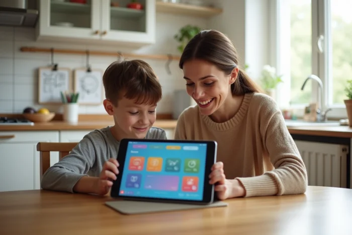Maman et son enfant regardent une tablette dans la cuisine