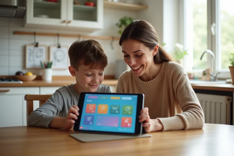 Maman et son enfant regardent une tablette dans la cuisine