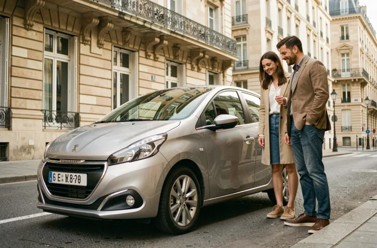 Couple français inspectant une Peugeot 208 argentée dans une rue parisienne typique en 2024