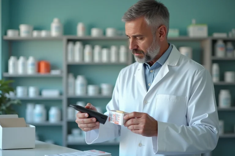 Pharmacien en pharmacie vérifiant un médicament avec scanner