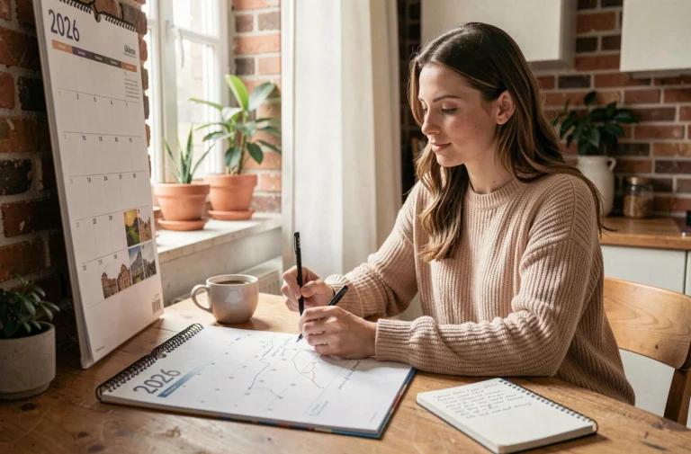 Femme planifiant ses escapades 2026 en marquant les jours fériés sur un calendrier papier dans un appartement moderne