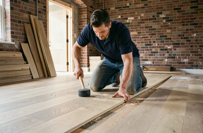 Homme posant un parquet en bois clair dans une pièce en cours de rénovation