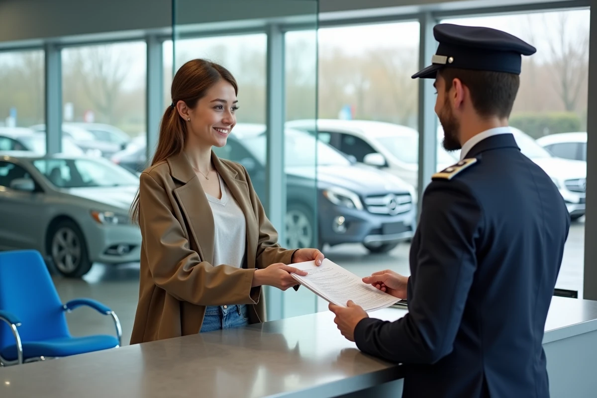 Jeune femme remettant documents à un agent dans un centre de contrôle