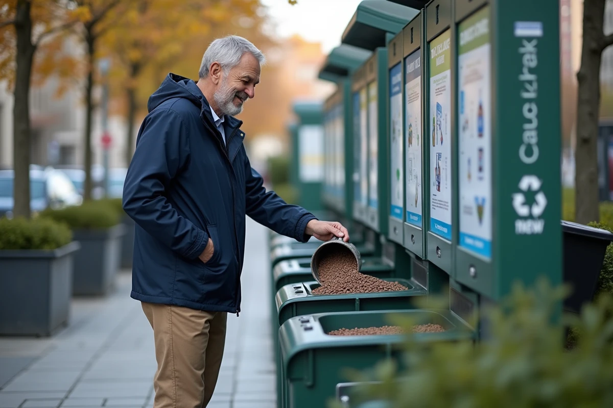 Homme vidant galets dans station de recyclage urbaine