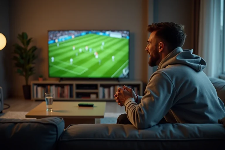 Homme regardant un match de football en direct sur sa télévision dans son salon moderne