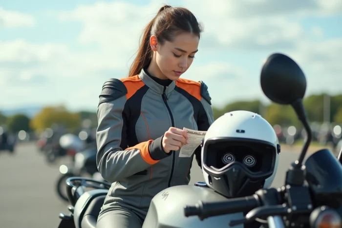 Motarde ajustant les haut-parleurs d'un intercom dans son casque modulable en extérieur
