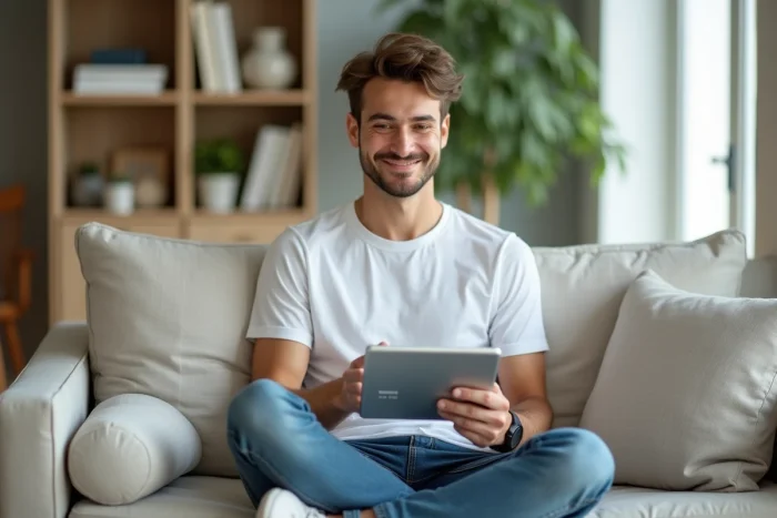 Jeune adulte consultant un relevé de compte CIC sur une tablette numérique dans un salon moderne