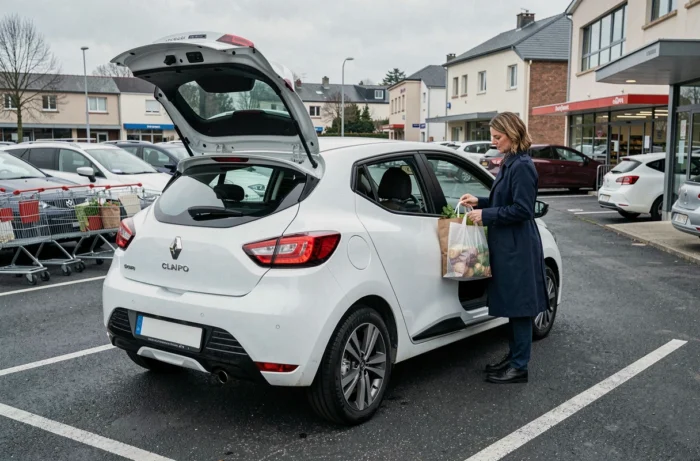 Femme chargeant des courses dans une Renault Clio blanche dans un parking de supermarché en France