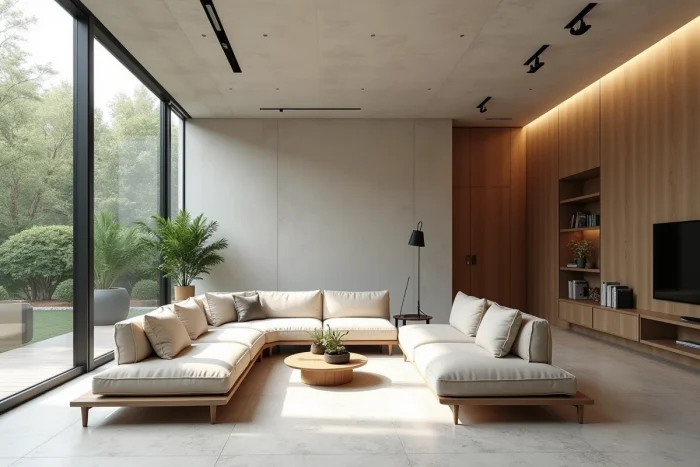Salon contemporain minimaliste avec mur en béton courbe, baies vitrées et mobilier scandinave en chêne illustrant les tendances architecturales modernes