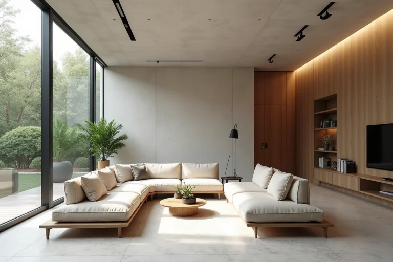 Salon contemporain minimaliste avec mur en béton courbe, baies vitrées et mobilier scandinave en chêne illustrant les tendances architecturales modernes