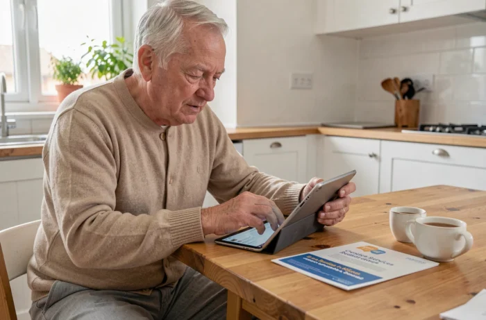 Personne âgée consultant des services seniors en ligne sur une tablette dans une cuisine moderne