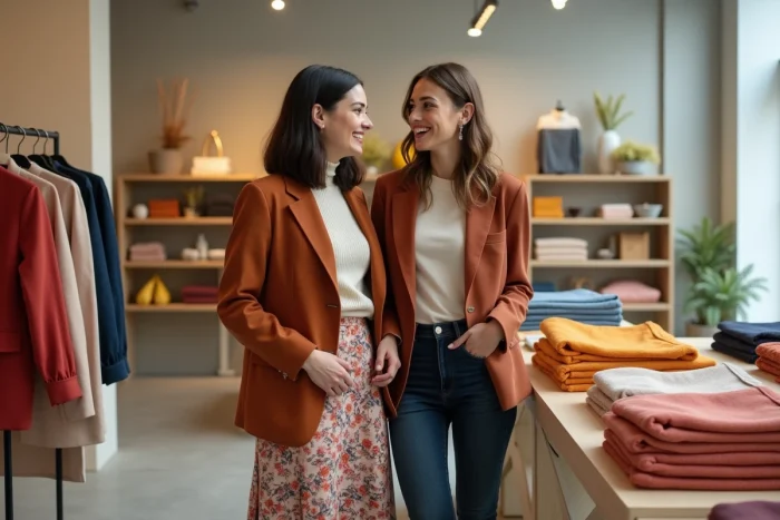 Deux femmes stylées explorant les nouvelles collections dans une boutique de mode tendance, ambiance shopping Renée Fashion