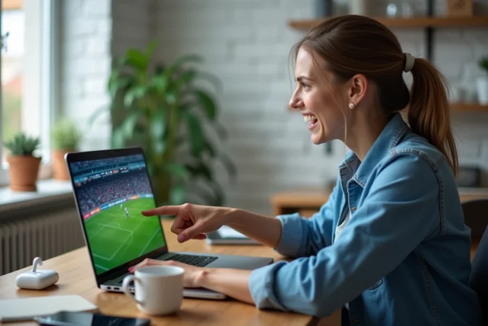 Femme regardant un match sportif en streaming sur son ordinateur portable dans un bureau à domicile