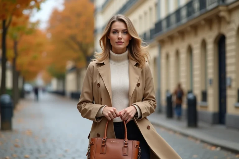 Femme élégante en trench coat beige marchant dans une rue parisienne pavée, style mode automne tendance Renée Fashion