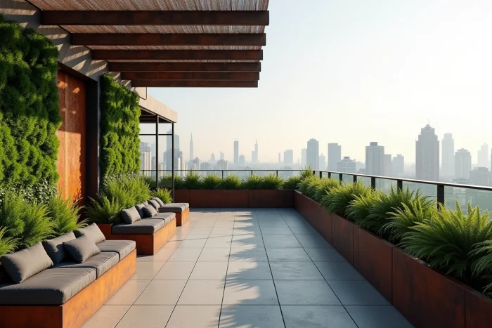Terrasse architecturale sur toiture urbaine avec mur végétal, acier Corten et pergola en bois brut, illustrant le design biophilique contemporain