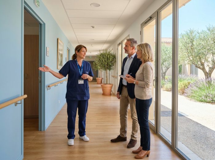 Coordinatrice d'EHPAD présentant les chambres à un couple en visite dans une résidence médicalisée à Toulon